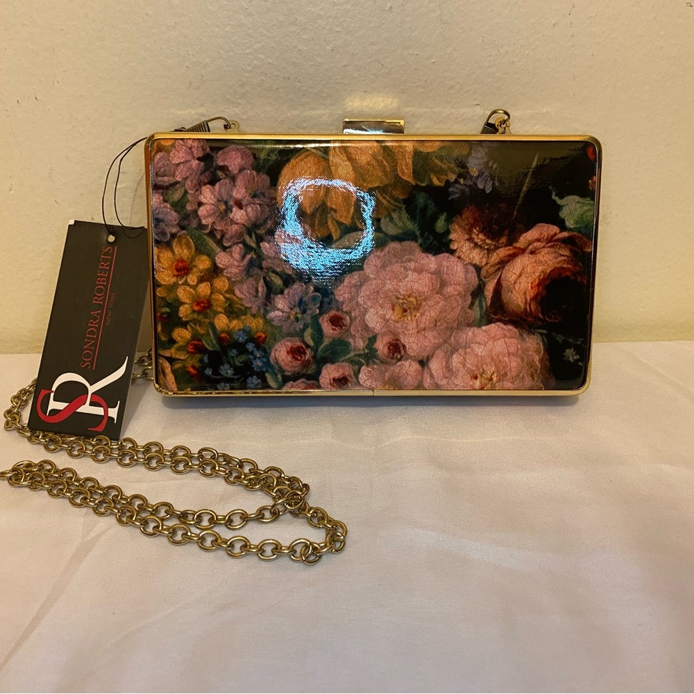 NWT Sondra Roberts Floral Clutch with Gold Chain